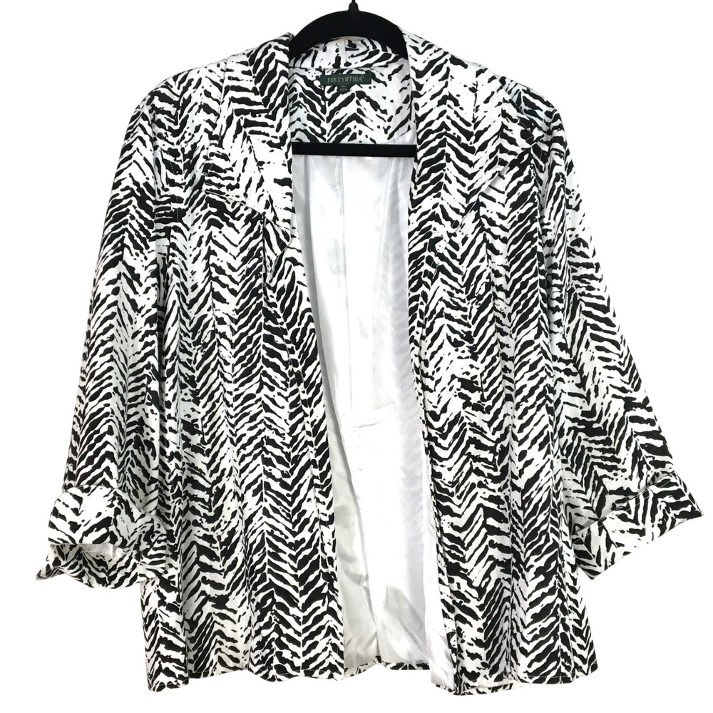 For Cynthia Black White Abstract Chevron Linen Blend‎ Blazer Jacket Women's XL